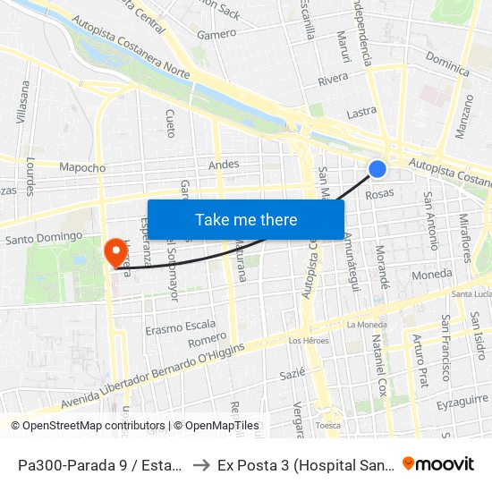 Pa300-Parada 9 / Estación Mapocho to Ex Posta 3 (Hospital San Juan De Dios) map