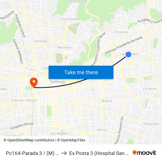 Pc164-Parada 3 / (M) Manquehue to Ex Posta 3 (Hospital San Juan De Dios) map