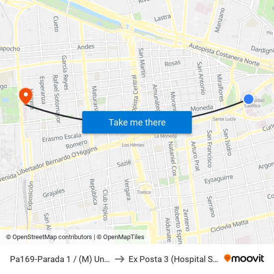 Pa169-Parada 1 / (M) Universidad Católica to Ex Posta 3 (Hospital San Juan De Dios) map