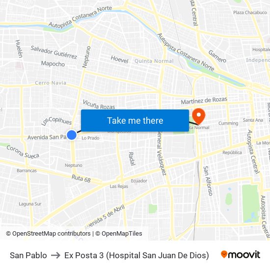 San Pablo to Ex Posta 3 (Hospital San Juan De Dios) map