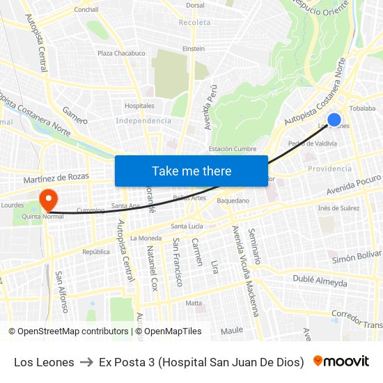 Los Leones to Ex Posta 3 (Hospital San Juan De Dios) map