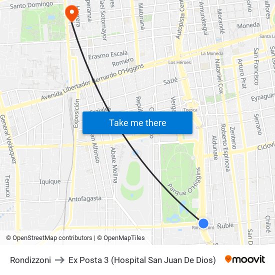 Rondizzoni to Ex Posta 3 (Hospital San Juan De Dios) map