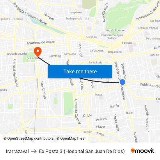 Irarrázaval to Ex Posta 3 (Hospital San Juan De Dios) map