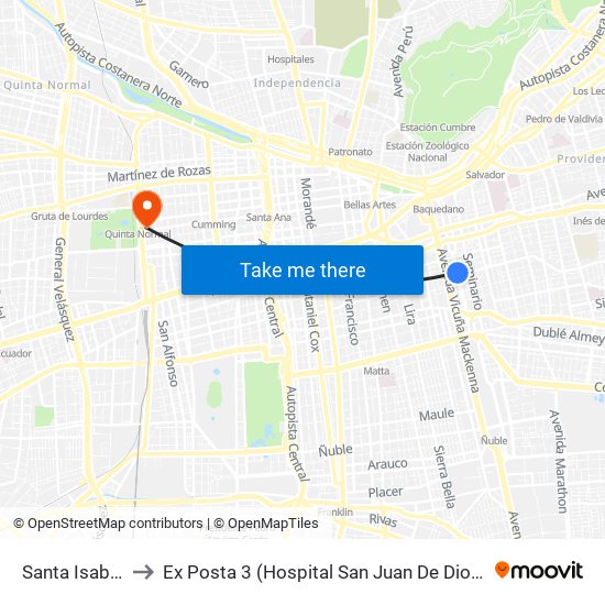 Santa Isabel to Ex Posta 3 (Hospital San Juan De Dios) map