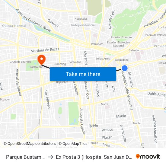 Parque Bustamante to Ex Posta 3 (Hospital San Juan De Dios) map