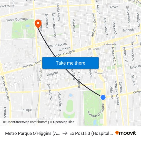 Metro Parque O'Higgins (Av. Tupper Esq. Av. Viel) to Ex Posta 3 (Hospital San Juan De Dios) map