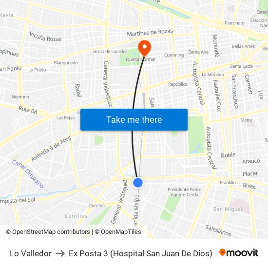 Lo Valledor to Ex Posta 3 (Hospital San Juan De Dios) map