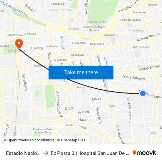 Estadio Nacional to Ex Posta 3 (Hospital San Juan De Dios) map