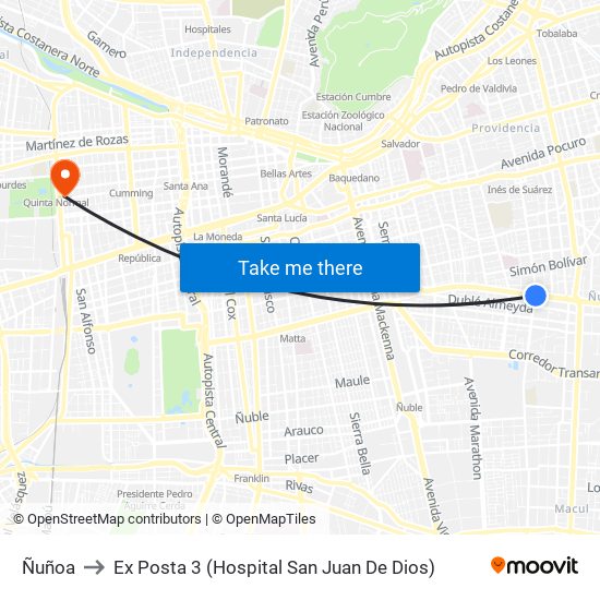 Ñuñoa to Ex Posta 3 (Hospital San Juan De Dios) map