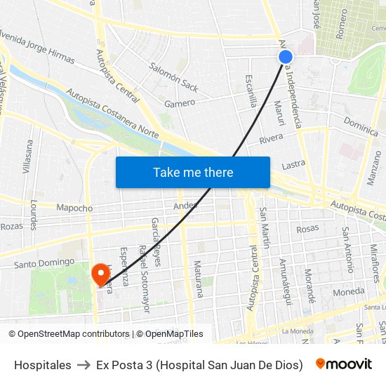 Hospitales to Ex Posta 3 (Hospital San Juan De Dios) map