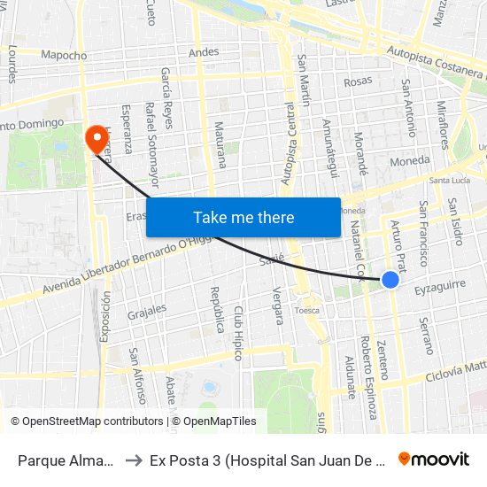 Parque Almagro to Ex Posta 3 (Hospital San Juan De Dios) map