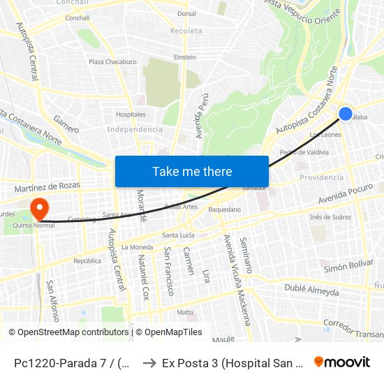 Pc1220-Parada 7 / (M) Tobalaba to Ex Posta 3 (Hospital San Juan De Dios) map