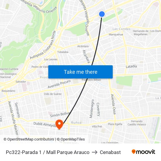 Pc322-Parada 1 / Mall Parque Arauco to Cenabast map