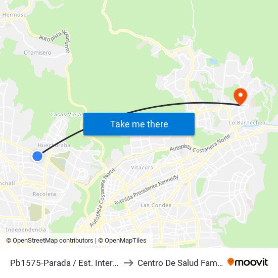 Pb1575-Parada / Est. Intermodal Vespucio Norte to Centro De Salud Familiar Lo Barnechea map