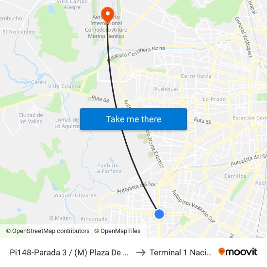 Pi148-Parada 3 / (M) Plaza De Maipú to Terminal 1 Nacional map