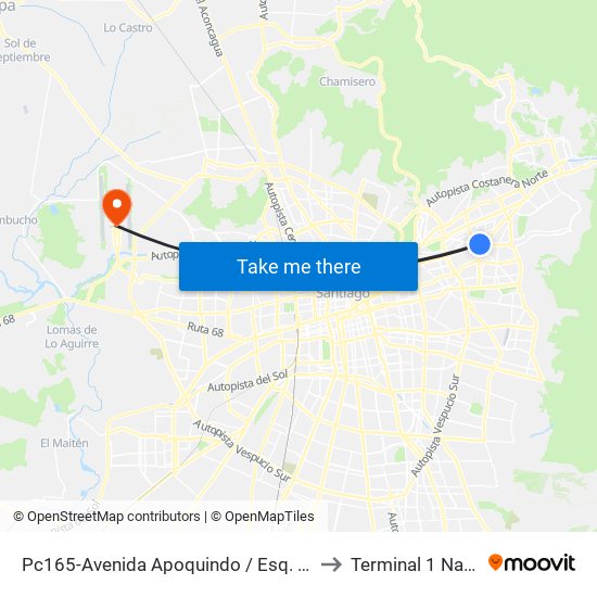Pc165-Avenida Apoquindo / Esq. E. Dell'Orto to Terminal 1 Nacional map