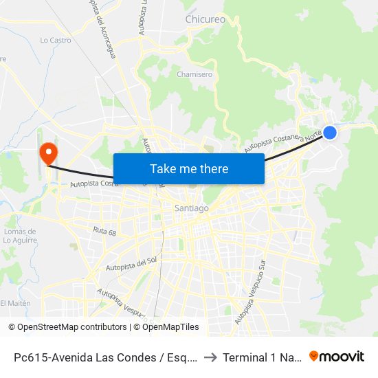 Pc615-Avenida Las Condes / Esq. La Cabaña to Terminal 1 Nacional map