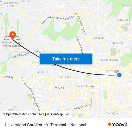Universidad Católica to Terminal 1 Nacional map