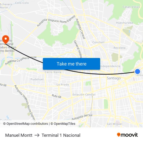 Manuel Montt to Terminal 1 Nacional map