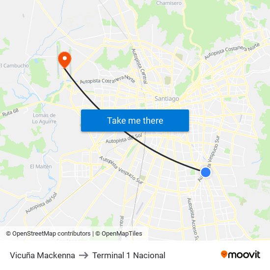 Vicuña Mackenna to Terminal 1 Nacional map