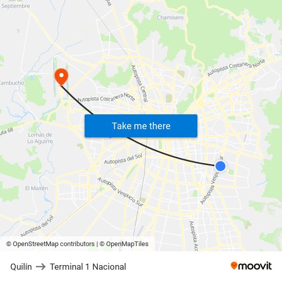 Quilín to Terminal 1 Nacional map