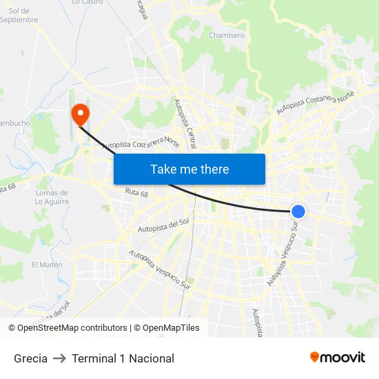 Grecia to Terminal 1 Nacional map