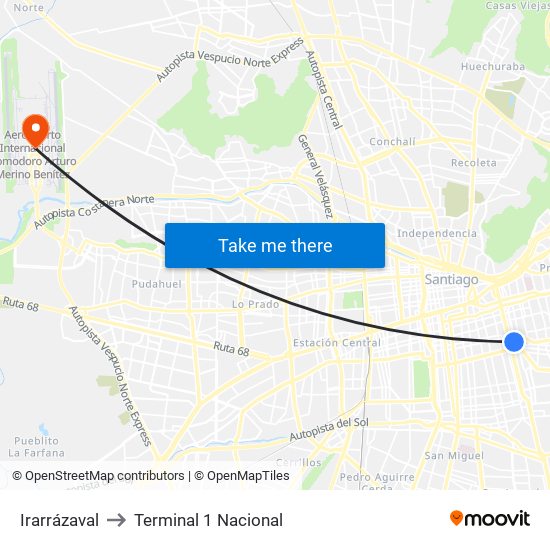 Irarrázaval to Terminal 1 Nacional map