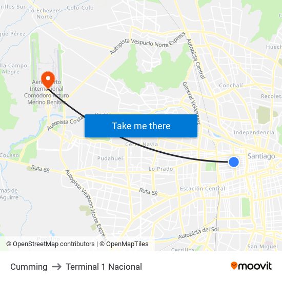 Cumming to Terminal 1 Nacional map