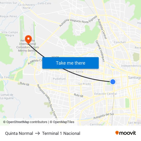 Quinta Normal to Terminal 1 Nacional map