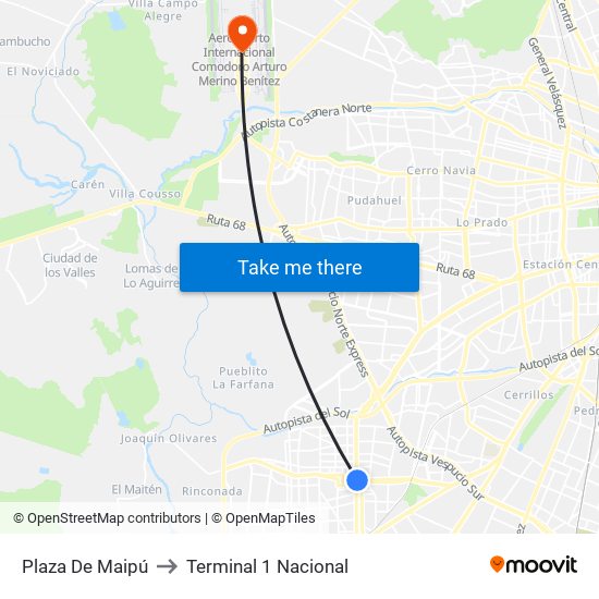 Plaza De Maipú to Terminal 1 Nacional map