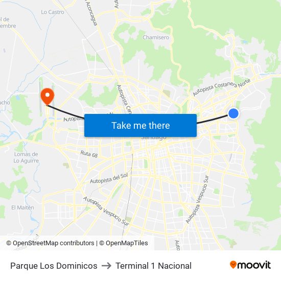 Parque Los Dominicos to Terminal 1 Nacional map