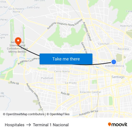 Hospitales to Terminal 1 Nacional map