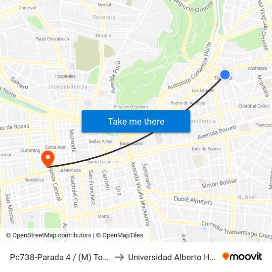 Pc738-Parada 4 / (M) Tobalaba to Universidad Alberto Hurtado map