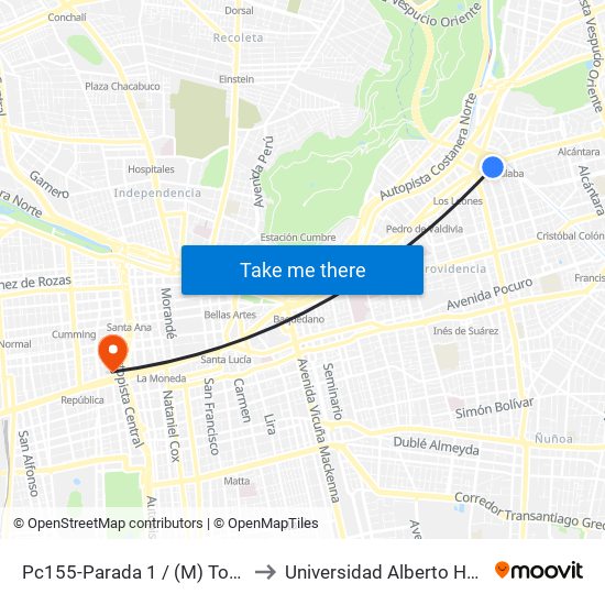 Pc155-Parada 1 / (M) Tobalaba to Universidad Alberto Hurtado map