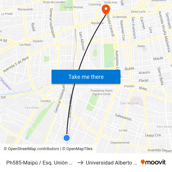 Ph585-Maipú / Esq. Unión Ferroviaria to Universidad Alberto Hurtado map