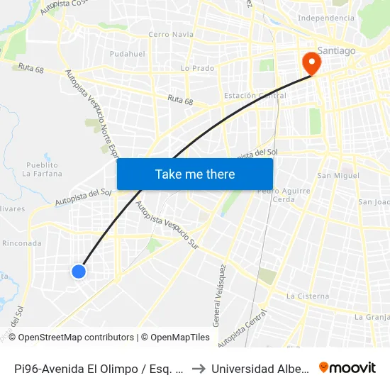 Pi96-Avenida El Olimpo / Esq. Nueva San Martín to Universidad Alberto Hurtado map