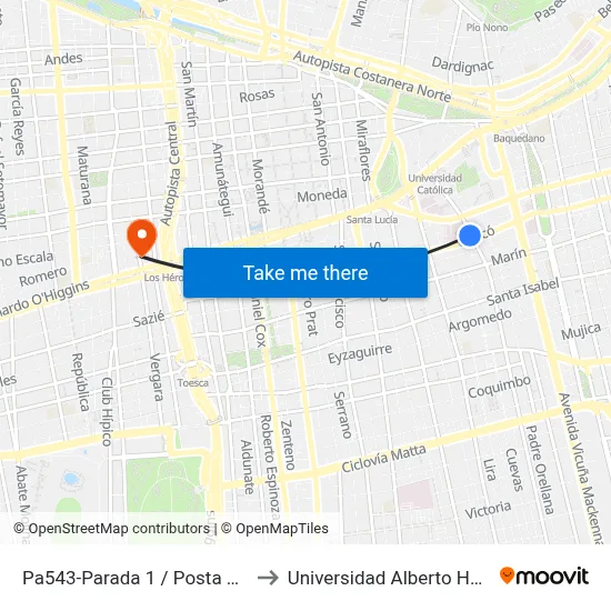Pa543-Parada 1 / Posta Central to Universidad Alberto Hurtado map