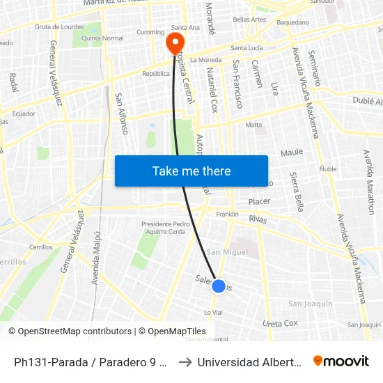 Ph131-Parada / Paradero 9 Gran Avenida to Universidad Alberto Hurtado map