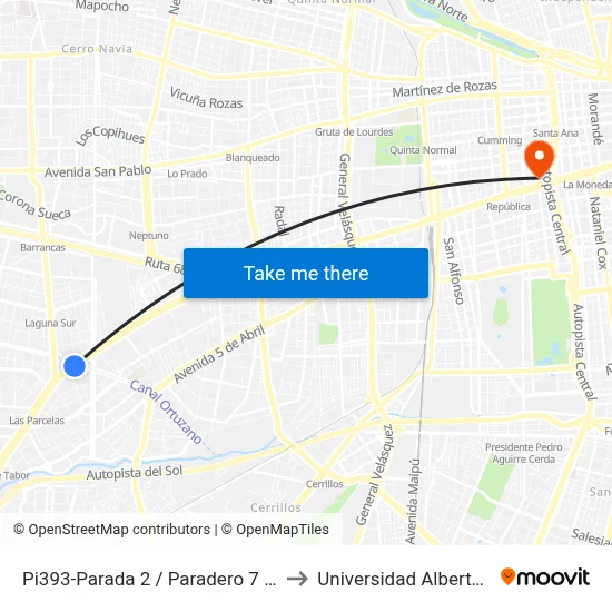 Pi393-Parada 2 / Paradero 7 1/2 Pajaritos to Universidad Alberto Hurtado map