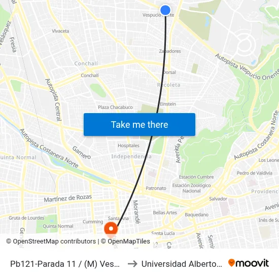 Pb121-Parada 11 / (M) Vespucio Norte to Universidad Alberto Hurtado map