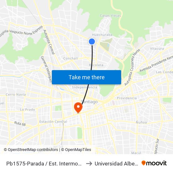 Pb1575-Parada / Est. Intermodal Vespucio Norte to Universidad Alberto Hurtado map