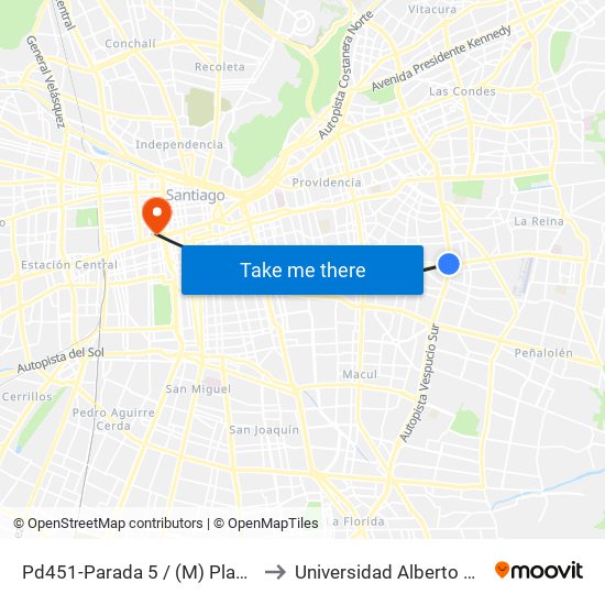 Pd451-Parada 5 / (M) Plaza Egaña to Universidad Alberto Hurtado map