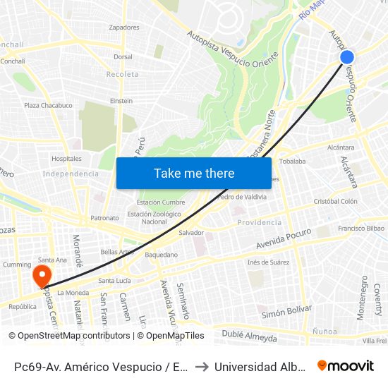 Pc69-Av. Américo Vespucio / Esq. Avenida Vitacura to Universidad Alberto Hurtado map