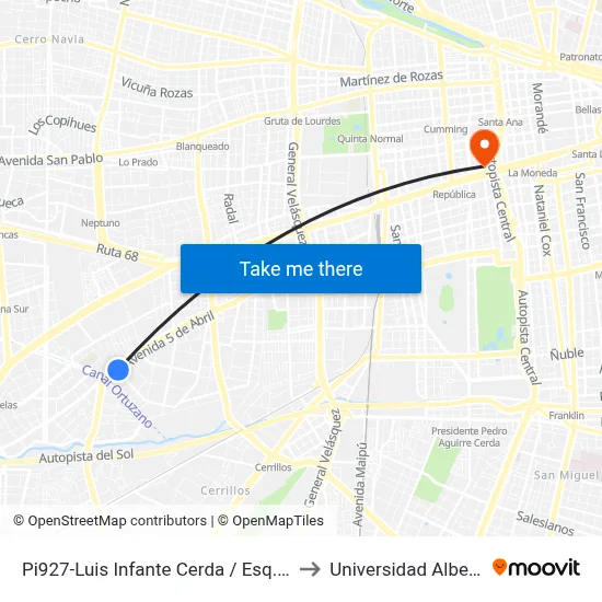 Pi927-Luis Infante Cerda / Esq. Avenida 5 De Abril to Universidad Alberto Hurtado map