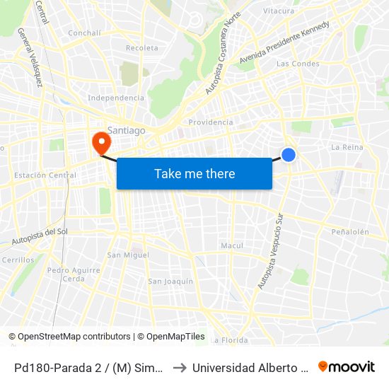 Pd180-Parada 2 / (M) Simón Bolívar to Universidad Alberto Hurtado map