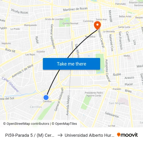 Pi59-Parada 5 / (M) Cerrillos to Universidad Alberto Hurtado map