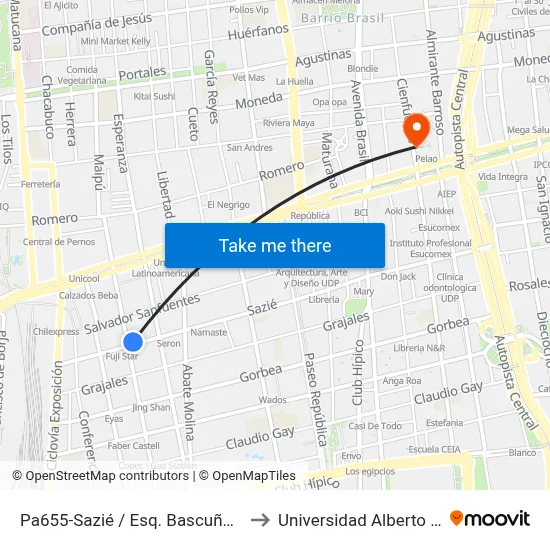 Pa655-Sazié / Esq. Bascuñán Guerrero to Universidad Alberto Hurtado map