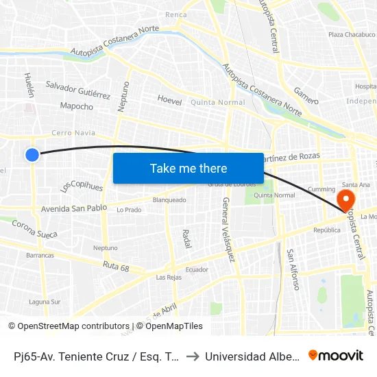 Pj65-Av. Teniente Cruz / Esq. Tomás Alba Edison to Universidad Alberto Hurtado map