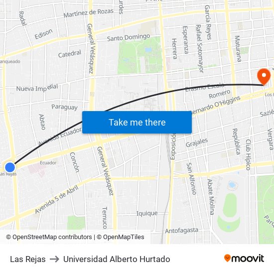 Las Rejas to Universidad Alberto Hurtado map