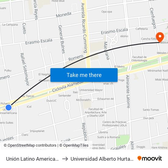 Unión Latino Americana to Universidad Alberto Hurtado map